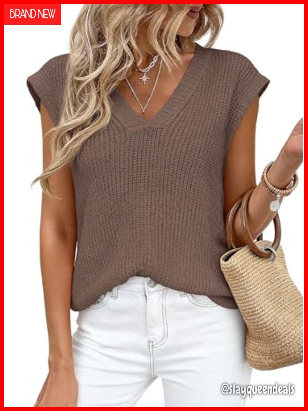Cap Sleeve V-Neck Sweater Vest High Low Split Hem Knit Tank Top